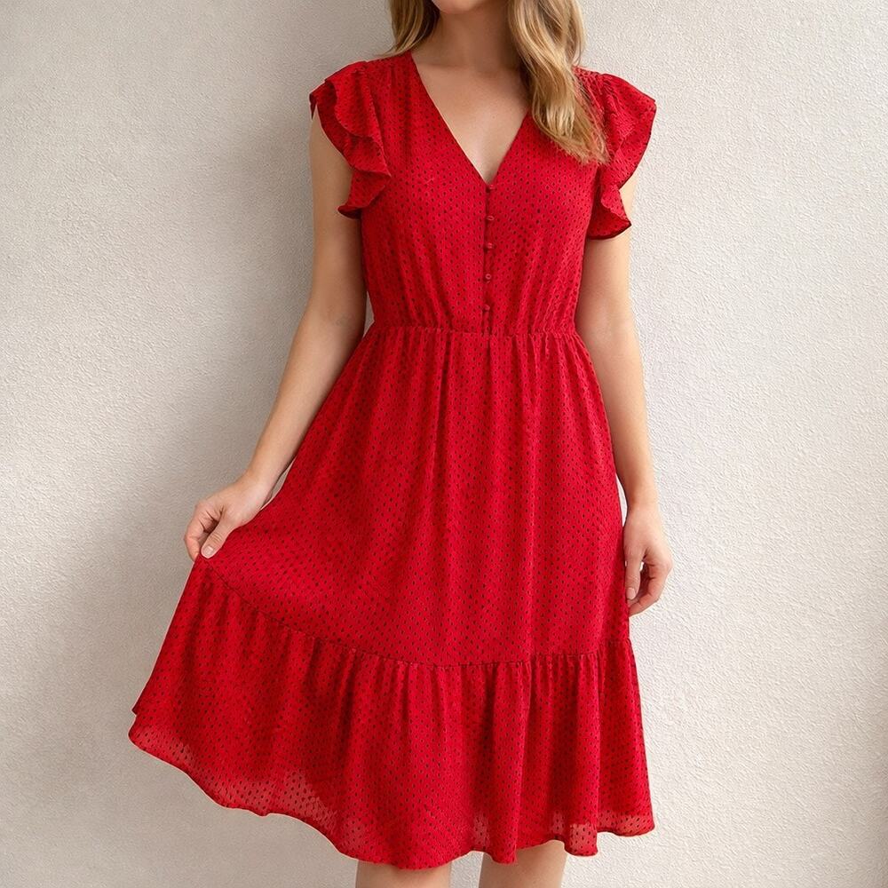 Banana Republic Red Polka Dot Flutter Sleeve Midi Dress Sz 12